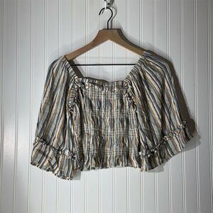 Angie Boho Peasant Blouse L Striped Off Shoulder Smocked Ruffle Sleeve Festival